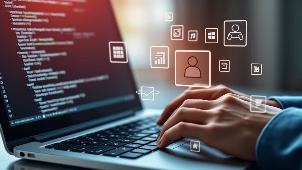 Photorealistic image of hands typing on a laptop keyboard with digital code and package icons floating above the screen in soft focus, symbolizing environment management and automated dependency installation processes