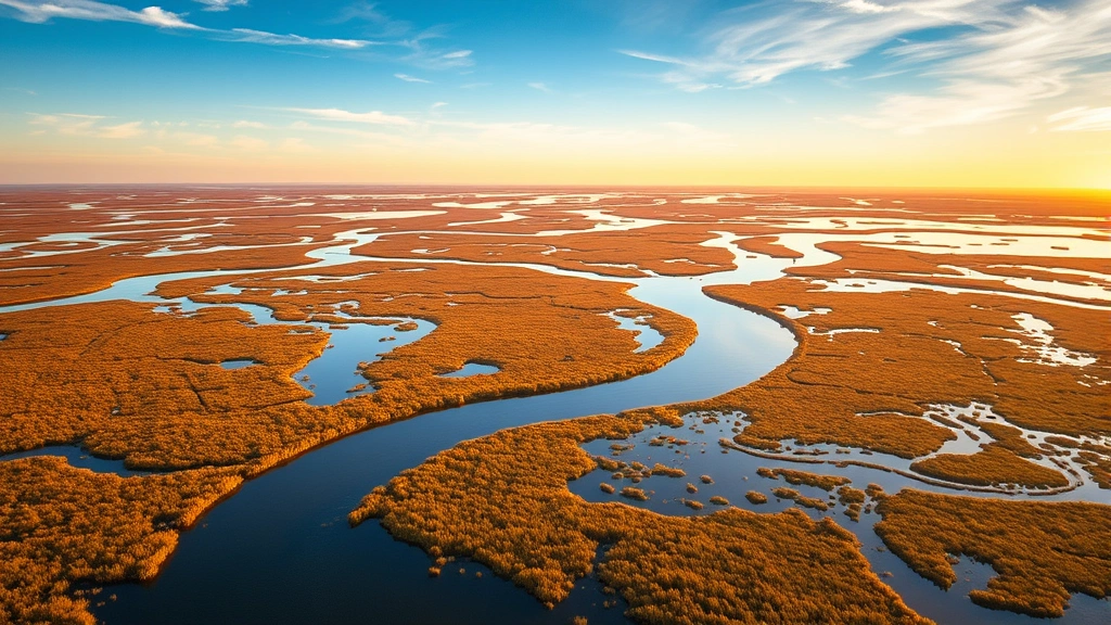 Aerial view of expansive wetland marsh with winding waterways, native vegetation, and wildlife habitat at golden hour, showing healthy ecosystem with water reflecting sky and natural vegetation patterns