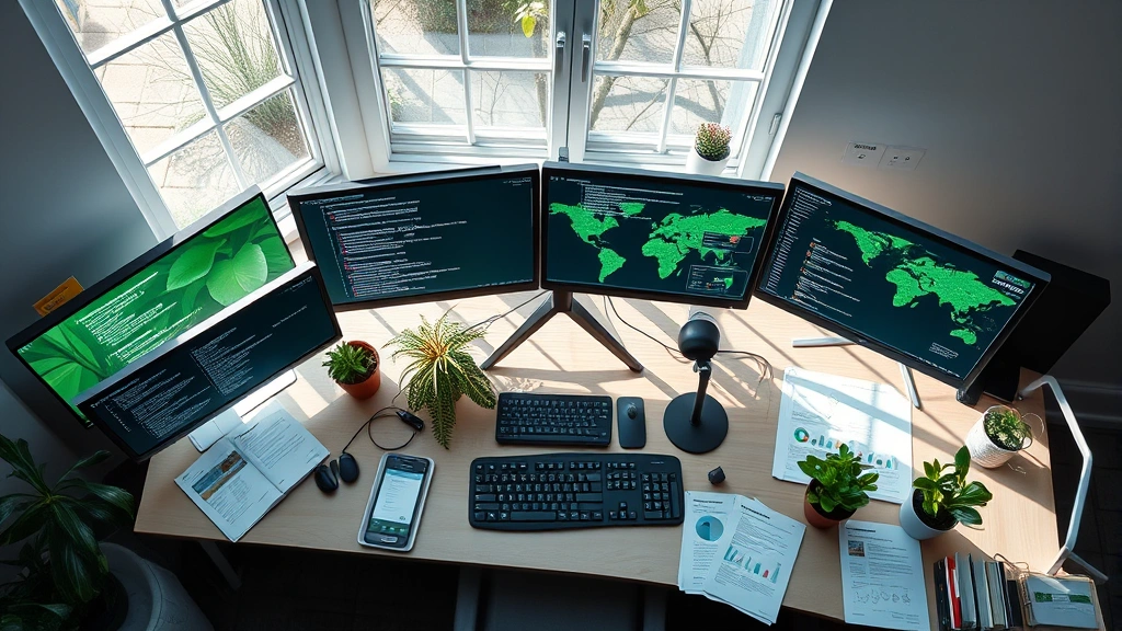 Photorealistic overhead view of a computer workspace with multiple monitor displays showing code and environmental data visualizations, natural light from windows, scattered research papers on sustainability, minimalist desk setup with plants indicating eco-consciousness