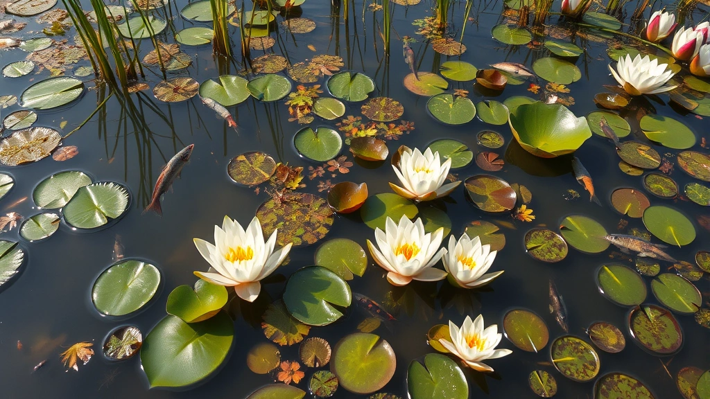 Close-up of wetland water surface with fish jumping, water lilies blooming, and diverse aquatic plants creating natural filtration system, demonstrating ecosystem productivity and biodiversity