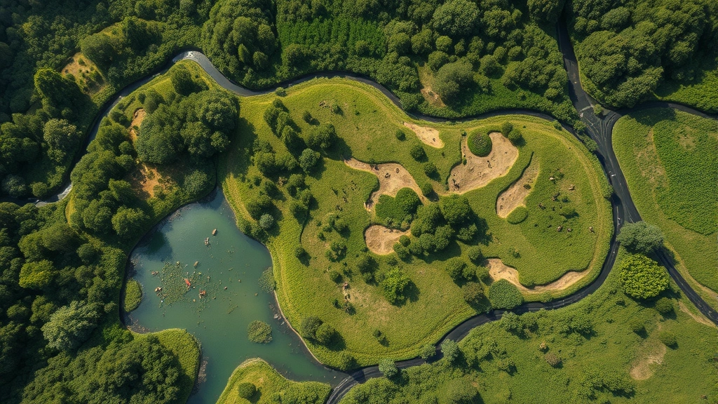Photorealistic image of interconnected ecosystem zones representing isolated Python environments, showing distinct forest, wetland, and grassland biomes with clear boundaries between them, wildlife thriving in each compartmentalized space, aerial perspective