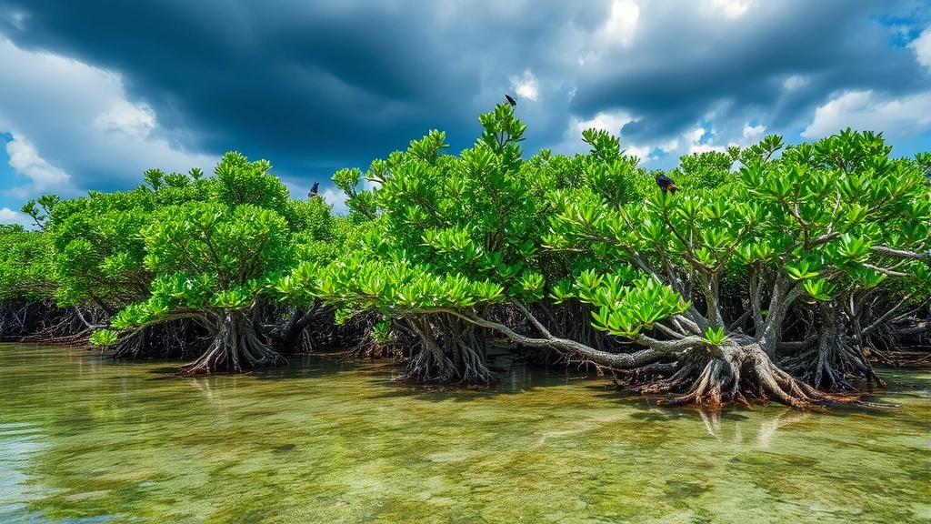 Coastal mangrove wetland forest with aerial root systems visible in clear water, birds nesting in canopy, storm clouds overhead showing natural storm surge protection infrastructure
