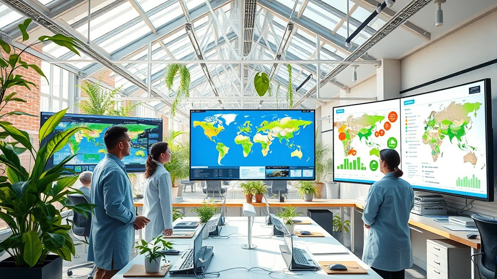 Photorealistic depiction of a sustainable research laboratory with scientists analyzing geospatial environmental data on large screens, biodiversity maps and climate graphs displayed, natural lighting, collaborative workspace with green plants, modern technology integrated seamlessly