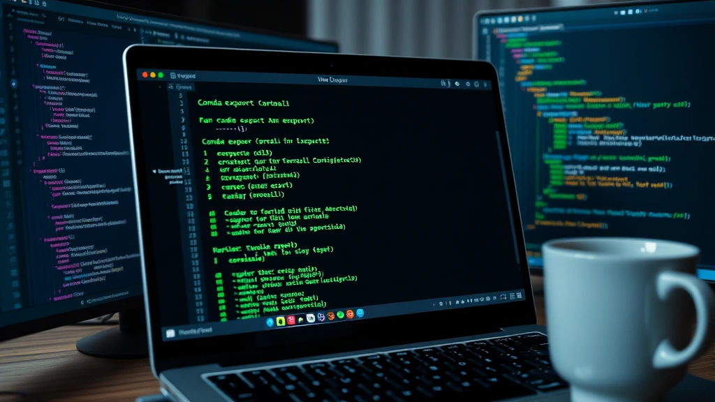 A developer's laptop screen showing terminal window with conda export command executing, green text on dark background, surrounded by open source code editor windows displaying Python files and YAML configuration, professional workspace with coffee cup and keyboard visible in soft focus