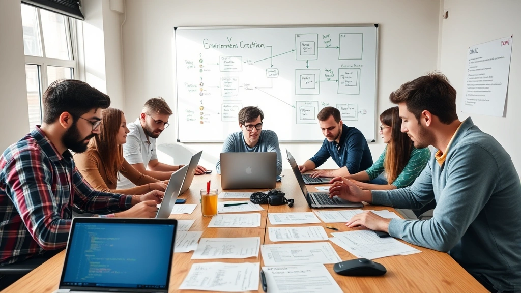 A team of diverse developers collaborating around a table with laptops, reviewing printed environment specification documents, papers showing YAML configurations, collaborative workspace with version control workflow visualizations on whiteboard behind them, natural lighting from windows