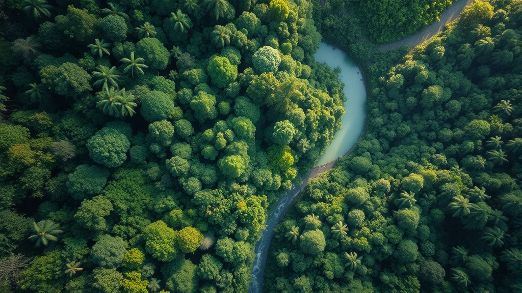 Aerial view of pristine tropical rainforest canopy with diverse green vegetation, river winding through dense forest, sunlight filtering through layers, photorealistic, natural lighting, no text or labels, representing ecosystem service provision and carbon sequestration