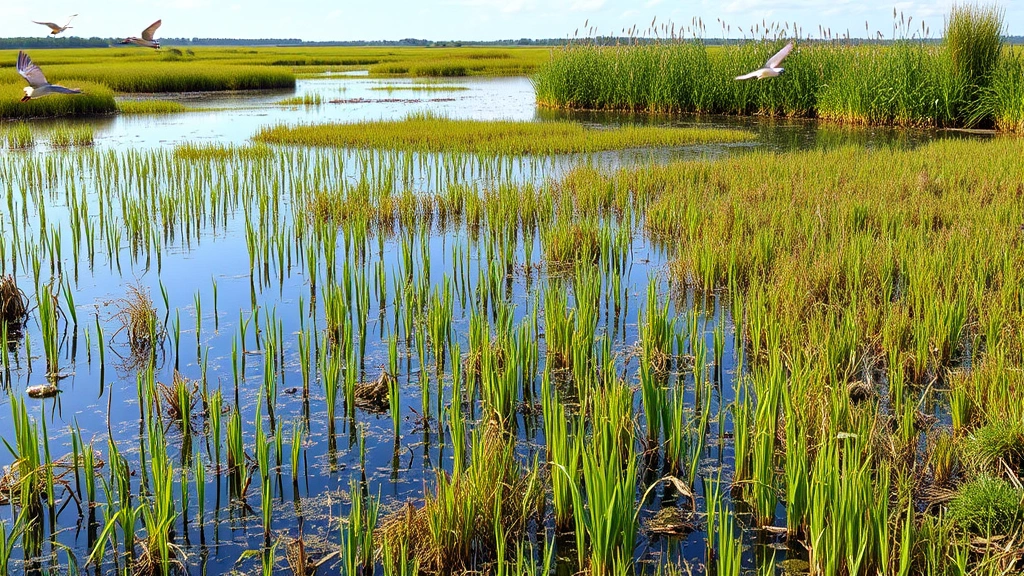 Wetland ecosystem with water-filled marsh grasses, wildlife habitat, birds in flight, clear water reflecting sky, lush vegetation, photorealistic nature photography, showcasing ecosystem restoration and biodiversity value, no charts or text