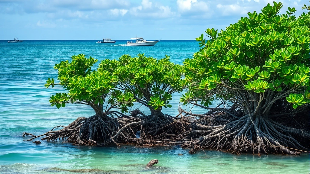 Coastal mangrove forest meeting ocean, intricate root systems visible at waterline, tropical vegetation, storm-resistant structure, fishing boats in distance, photorealistic, representing ecosystem services, coastal protection, and economic benefits, no text overlay