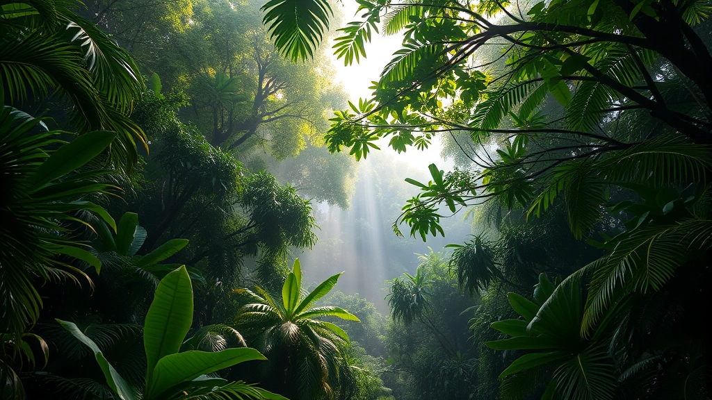 Lush tropical rainforest canopy with sunlight filtering through dense green vegetation, misty atmosphere, biodiversity visible in layers, photorealistic nature photography, no text or labels