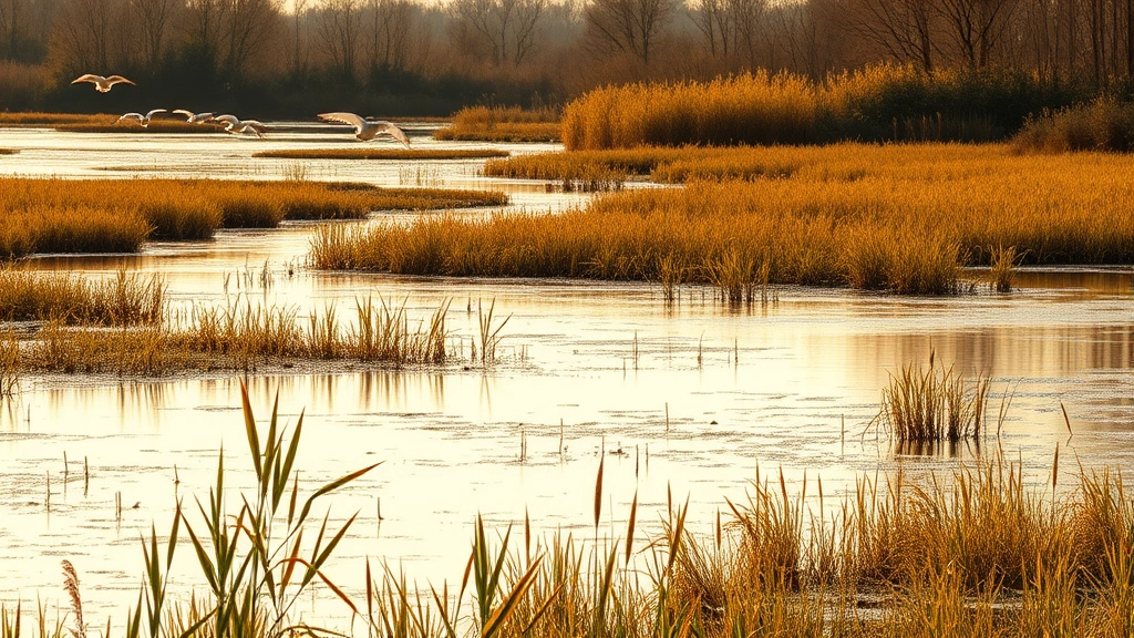 Wetland ecosystem with water, reeds, and wildlife habitat reflecting economic productivity, birds flying over marshland, golden hour lighting, pristine natural landscape, no charts or diagrams
