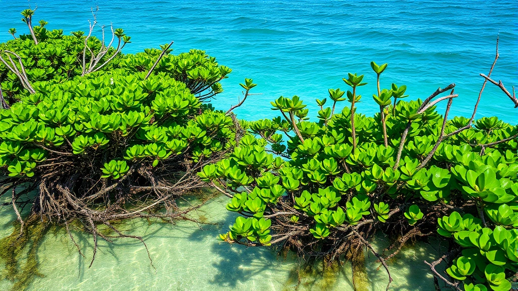 Coastal mangrove forest meeting ocean water, intricate root systems visible, vibrant green vegetation with blue water, storm protection and nursery habitat demonstrated visually, photorealistic, no text overlay