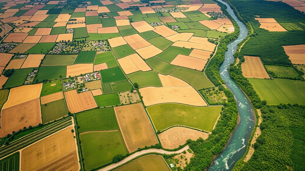 Aerial view of diverse agricultural landscape with patchwork of organic farms, regenerative pastures, and restored riparian zones, showing sustainable local food production integrated with natural ecosystems
