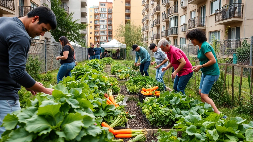 Community members harvesting fresh vegetables in a thriving urban garden surrounded by residential buildings, demonstrating local food production, community engagement, and ecosystem integration in sustainable urban economies