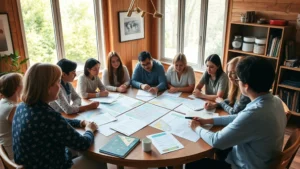 Diverse community members gathered in circular discussion around wooden table with natural light streaming through large windows, engaged in collaborative environmental planning with maps and sustainability documents visible, photorealistic, warm community atmosphere