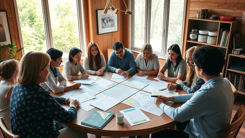 Diverse community members gathered in circular discussion around wooden table with natural light streaming through large windows, engaged in collaborative environmental planning with maps and sustainability documents visible, photorealistic, warm community atmosphere