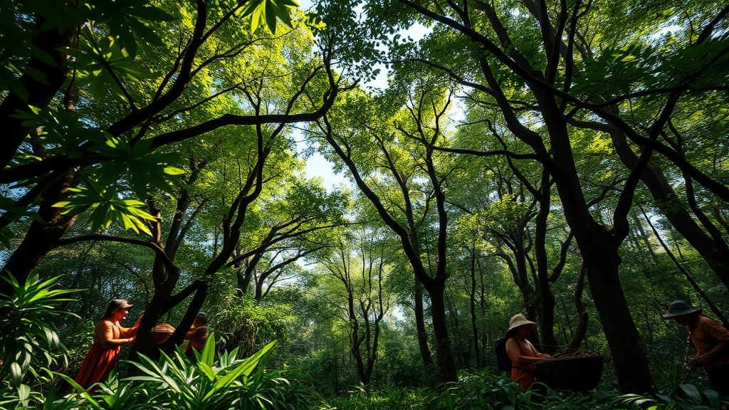 Lush regenerated forest canopy with indigenous community members working sustainable harvesting practices among biodiversity-rich understory, dappled sunlight through leaves, showing cultural stewardship of natural resources, photorealistic