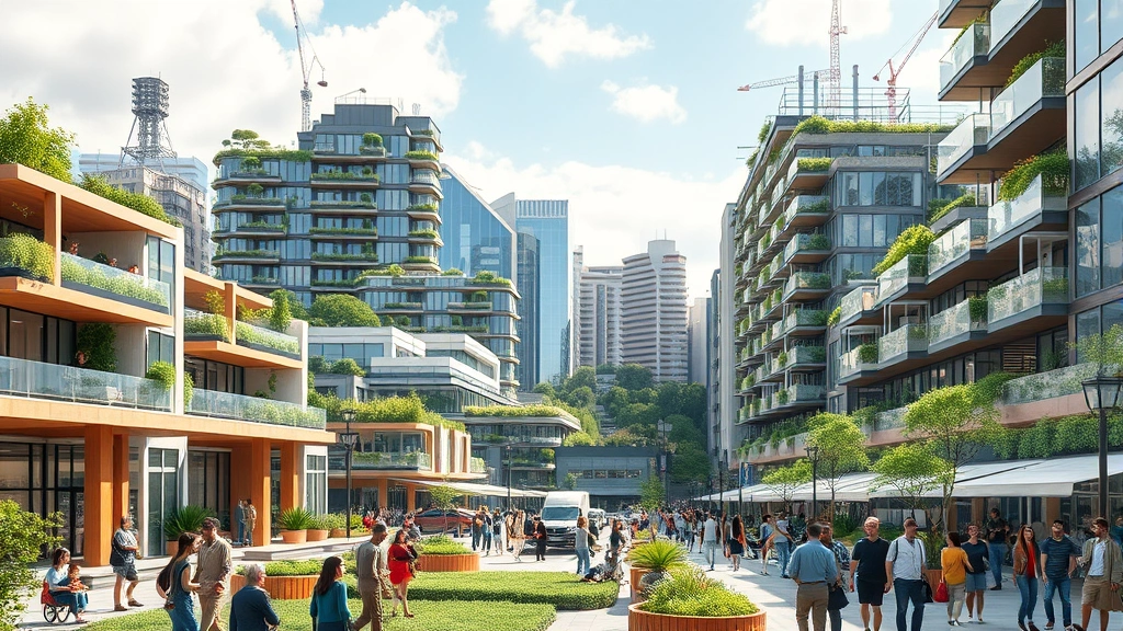 Modern sustainable city district with green architecture, renewable energy infrastructure, and diverse people engaging in outdoor community spaces, demonstrating cultural values integrated into economic development, photorealistic urban-nature harmony