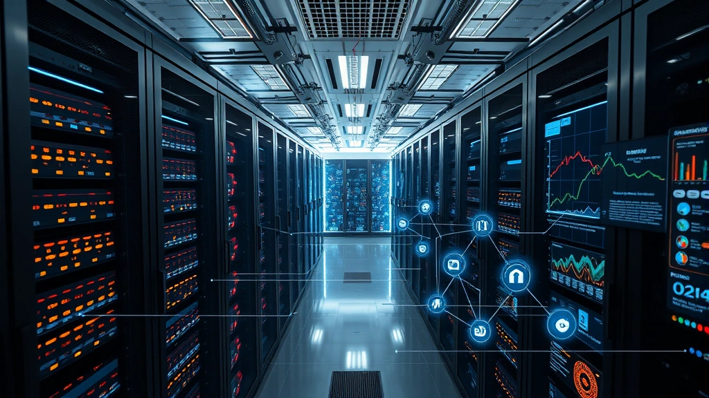 Overhead view of a modern data center with flowing data visualizations and environmental monitoring sensors integrated into the infrastructure, showing interconnected nodes representing data relationships and transformation flows