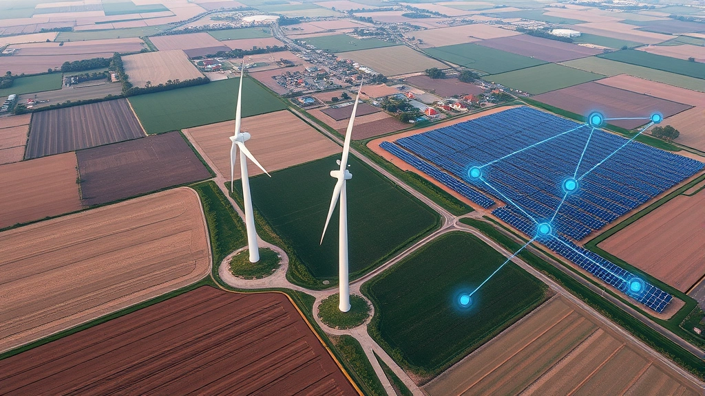 Aerial view of a wind farm and solar panels integrated into agricultural landscape with data visualization overlay showing interconnected nodes representing data flow and transformation layers
