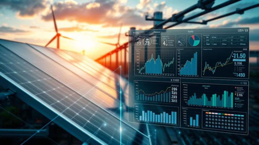 Close-up of renewable energy infrastructure with digital overlay showing real-time data metrics and analytics dashboards, representing the connection between physical environmental systems and data engineering