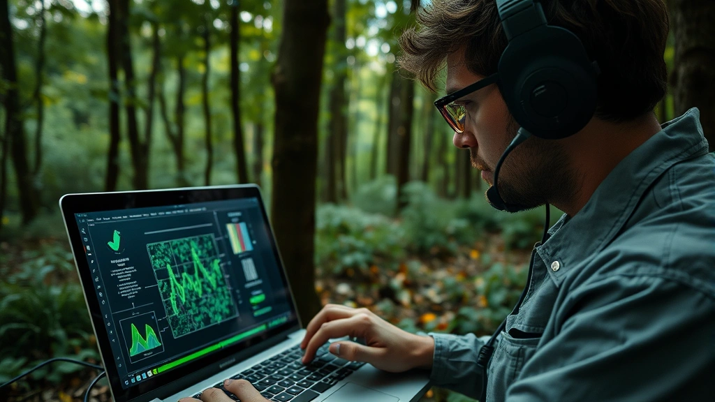 Close-up of a scientist monitoring environmental sensors in a forest ecosystem with laptop displaying data pipeline architecture, streams of light representing data transformation processes