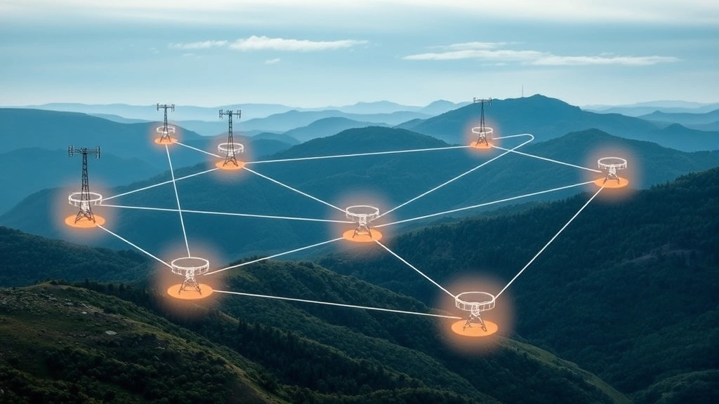 Abstract visualization of interconnected environmental monitoring stations across a landscape with data streams flowing between them, illustrating staging data pipelines and lineage tracking in a natural ecosystem context