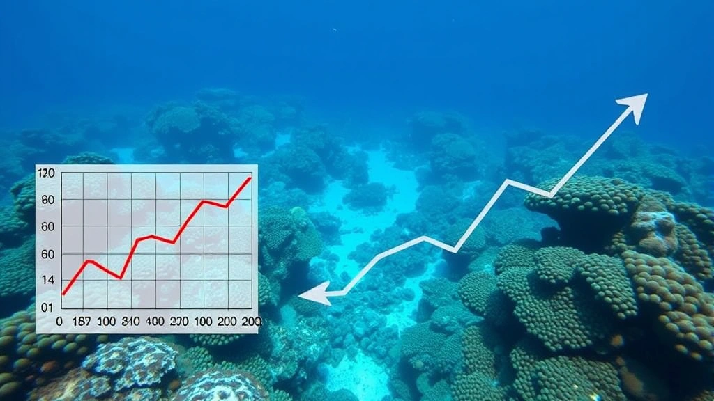 Underwater coral reef ecosystem with overlaid economic graphs and arrows showing resource flow, representing integration of ecological and economic data systems