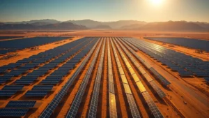 Photorealistic aerial view of extensive solar panel farm stretching across desert landscape with mountains in background, golden sunlight illuminating panels, no text or labels visible