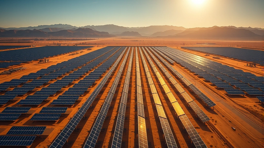 Photorealistic aerial view of extensive solar panel farm stretching across desert landscape with mountains in background, golden sunlight illuminating panels, no text or labels visible