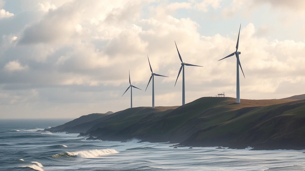 Photorealistic image of modern wind turbines on coastal hills with ocean visible in background, turbines against cloudy sky, waves crashing on shore below, natural lighting