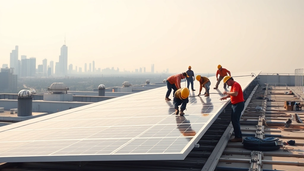 Photorealistic photograph of workers installing solar panels on industrial rooftop with city skyline visible in distance, diverse team collaborating, natural daylight, no signage or text