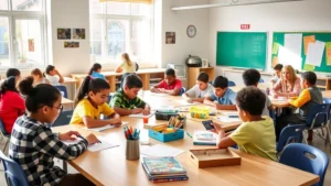 Inclusive classroom with diverse students learning together at shared tables, natural light streaming through windows, collaborative learning materials visible, students with and without disabilities engaged equally