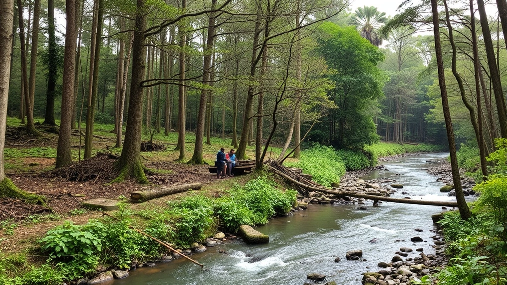 Protected forest ecosystem with sustainable community harvesting activities, local people gathering forest products alongside intact forest canopy, natural water features, biodiversity visible, harmonious human-nature integration