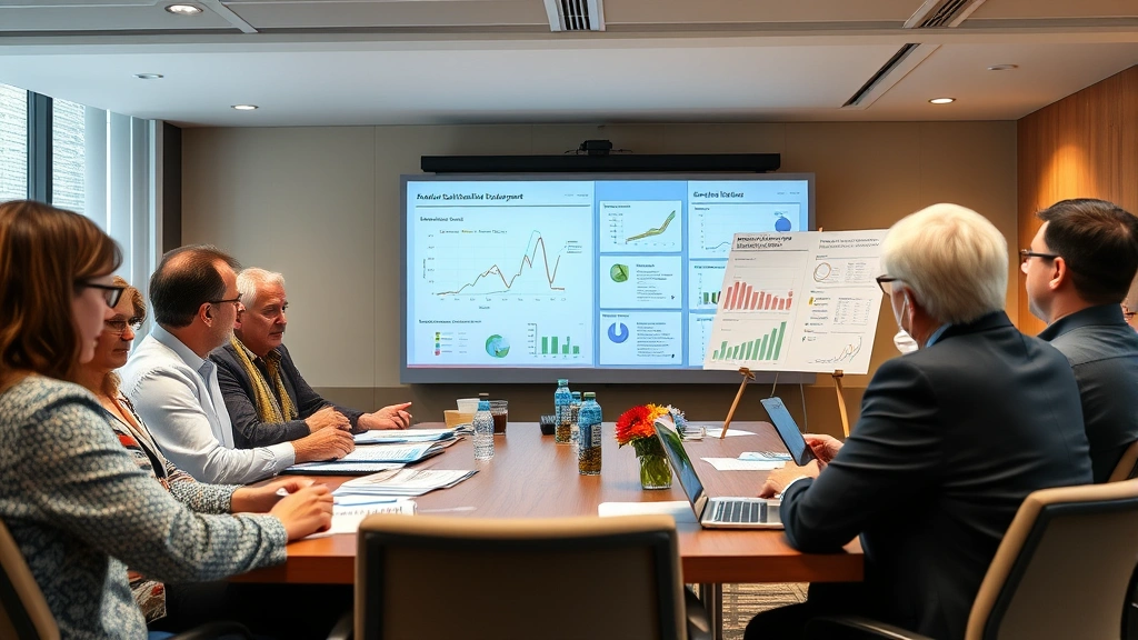Economic policy meeting with diverse stakeholders including environmental scientists, business leaders, and community representatives reviewing data charts on sustainable development, collaborative decision-making atmosphere