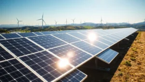 Solar panels glistening under bright sunlight with wind turbines visible in distant hills, demonstrating renewable energy infrastructure in natural landscape