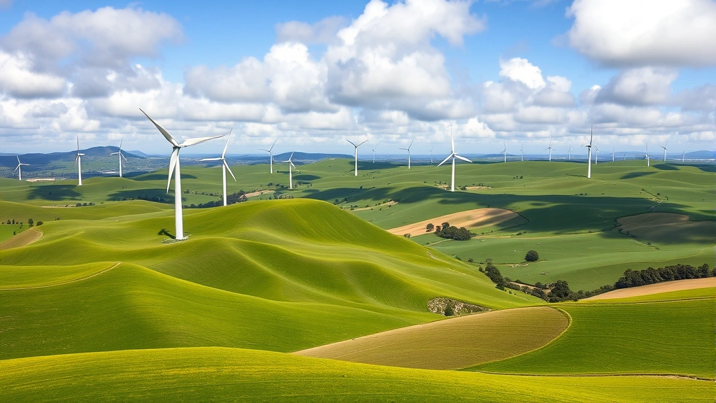 Modern wind farm spanning across green rolling hills with clouds above, showcasing large-scale renewable energy generation capacity in agricultural setting