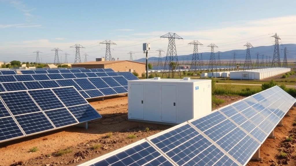 Battery storage facility with solar panels in foreground and grid infrastructure in background, illustrating integrated renewable energy and storage systems