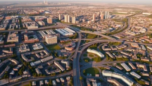 Aerial photograph of dense urban cityscape with mixed residential and commercial buildings, highways, and parks integrated throughout, showing complex infrastructure systems and development patterns during golden hour sunlight