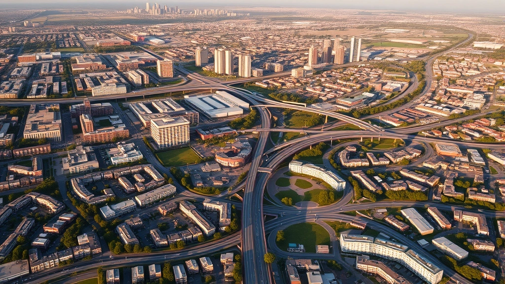 Aerial photograph of dense urban cityscape with mixed residential and commercial buildings, highways, and parks integrated throughout, showing complex infrastructure systems and development patterns during golden hour sunlight