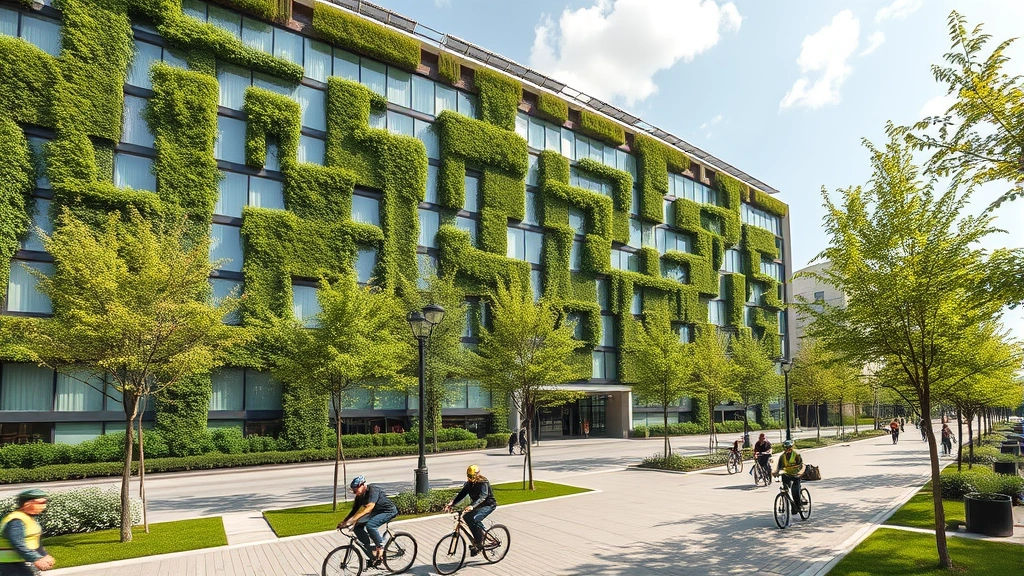 Wide-angle photograph of modern sustainable office building with green walls, solar panels, and urban plaza with trees, showing workers and cyclists in foreground, demonstrating eco-friendly infrastructure design