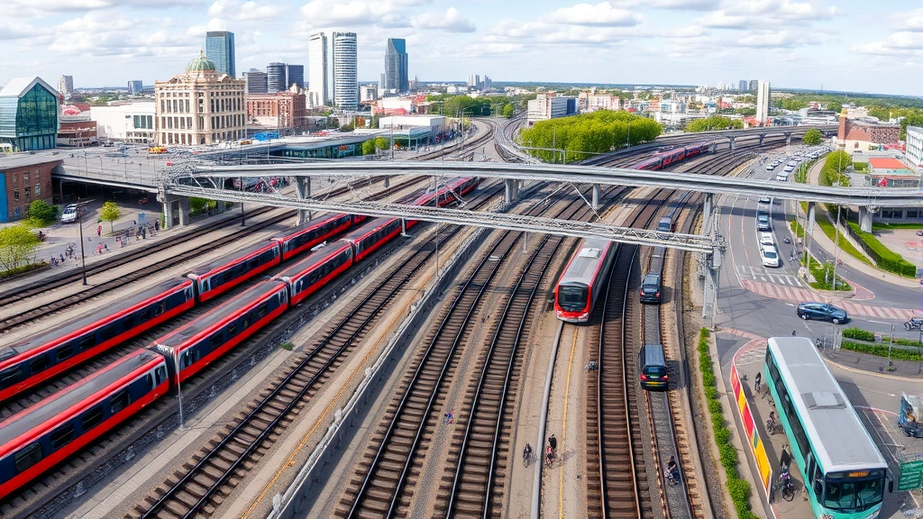 Panoramic photograph of transportation infrastructure hub showing multiple transit modes—trains, buses, bicycles, pedestrians—converging at modern station with surrounding mixed-use development and natural green spaces visible