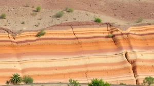 Eroded hillside with exposed soil layers and sparse vegetation, showing clear stratification of soil degradation with brown and gray earth tones, barren landscape with few surviving plants