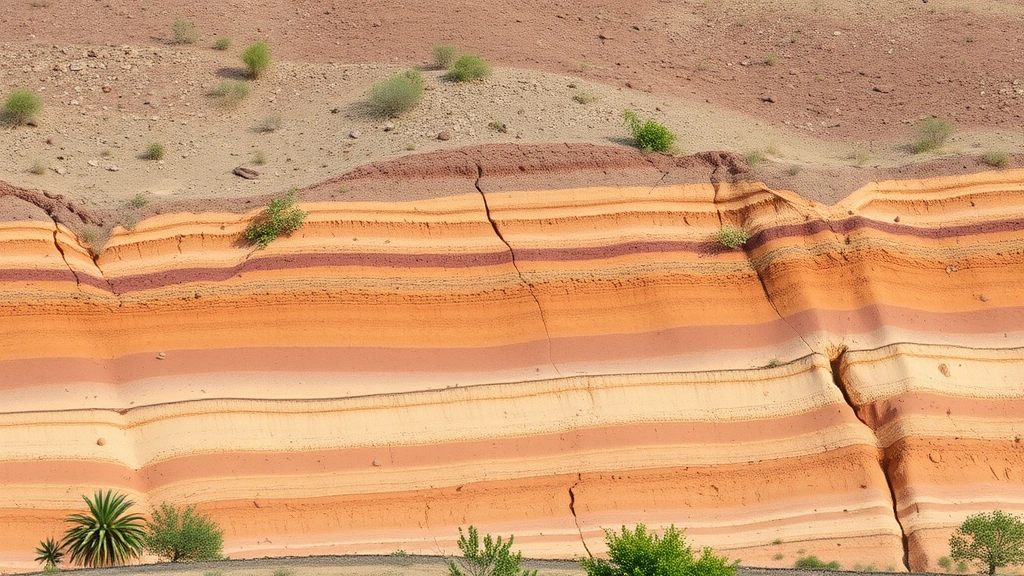 Eroded hillside with exposed soil layers and sparse vegetation, showing clear stratification of soil degradation with brown and gray earth tones, barren landscape with few surviving plants