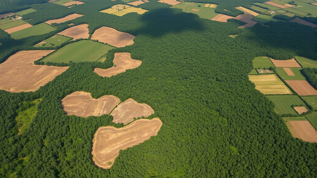 Fragmented forest landscape viewed from above, showing patchwork of cleared areas, remaining forest islands, and agricultural land interspersed, demonstrating habitat fragmentation and loss