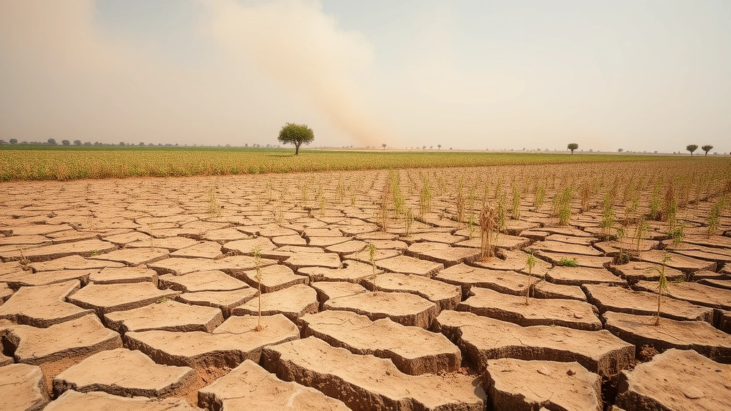 Degraded agricultural field with depleted topsoil, cracked earth, wilted crops, dust clouds in background, showing soil erosion and desertification impacts on productive farmland