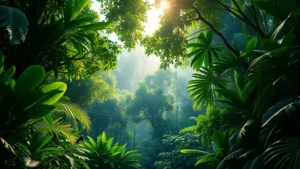 Lush tropical rainforest canopy with diverse wildlife, sunlight filtering through dense vegetation, vibrant ecosystem showing multiple species habitats, photorealistic nature photography