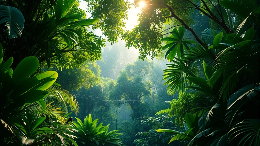 Lush tropical rainforest canopy with diverse wildlife, sunlight filtering through dense vegetation, vibrant ecosystem showing multiple species habitats, photorealistic nature photography