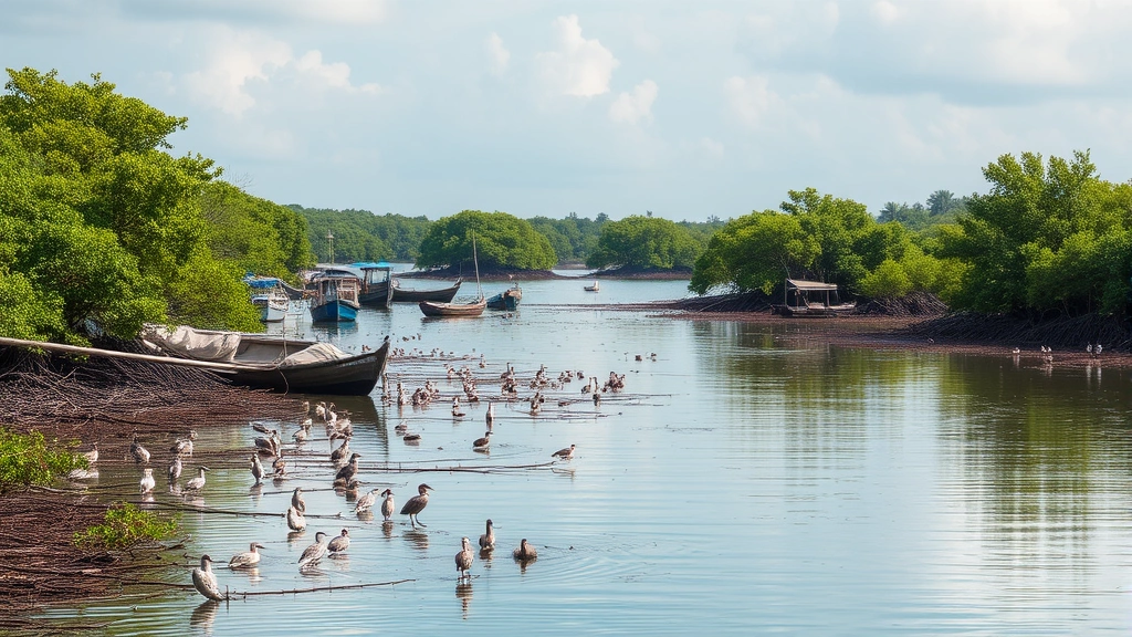 Coastal wetland with mangrove trees, fishing boats, diverse bird species, clear water reflecting sky, productive ecosystem supporting both nature and human livelihoods
