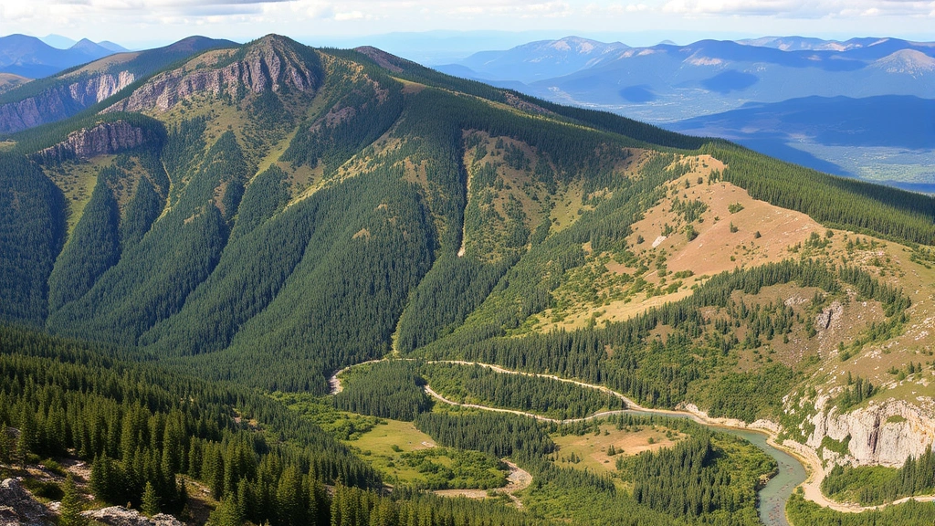 Mountain landscape with protected forest, wildlife migration corridors, diverse vegetation zones, healthy watershed, scenic terrain demonstrating conservation value and natural beauty