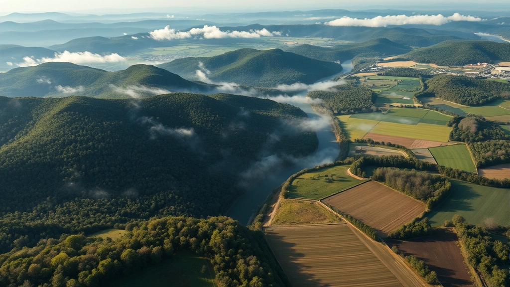 Aerial view of Tennessee's diverse landscapes showing forested mountains, river valleys, and agricultural fields with morning mist, photorealistic, natural lighting emphasizing ecological diversity